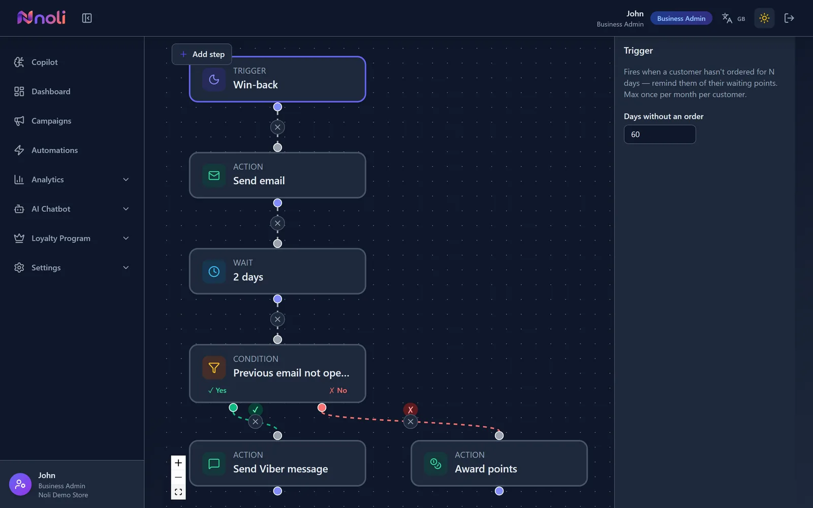 The Noli automation canvas with a trigger, an email action, a wait, a condition and a Viber fallback