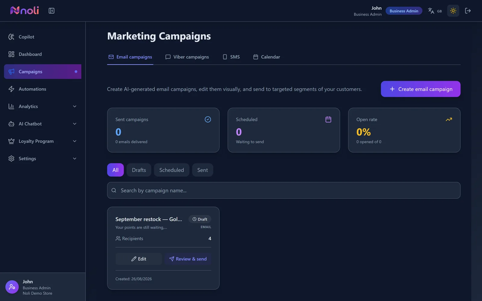 The campaigns screen in the Noli admin, with channel tabs and a draft campaign