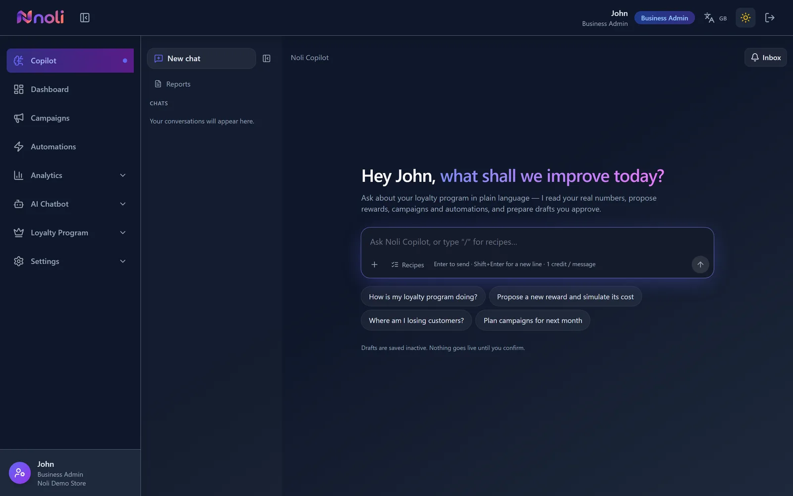 The Copilot workspace in the Noli admin with its starter prompts