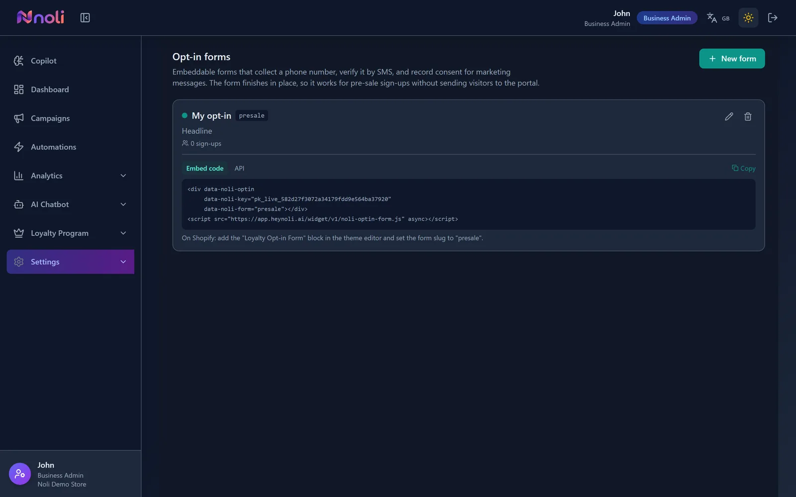 The Noli admin screen for configuring an opt-in form's wording and fields