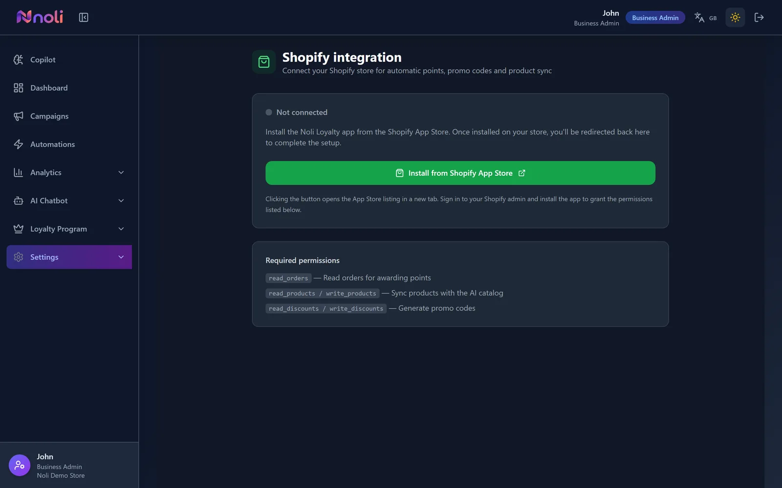The Shopify integration screen in the Noli admin with the install button