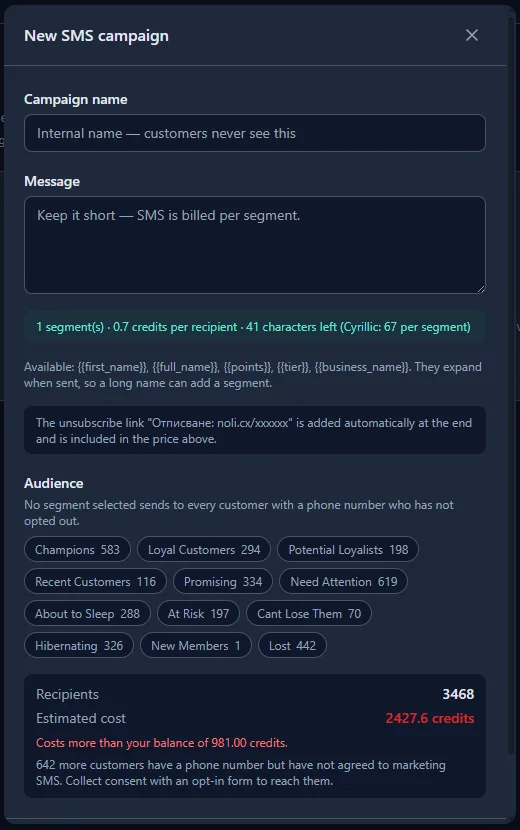 The New SMS campaign dialog: message with segment counter, audience chips with counts, recipients and expected cost