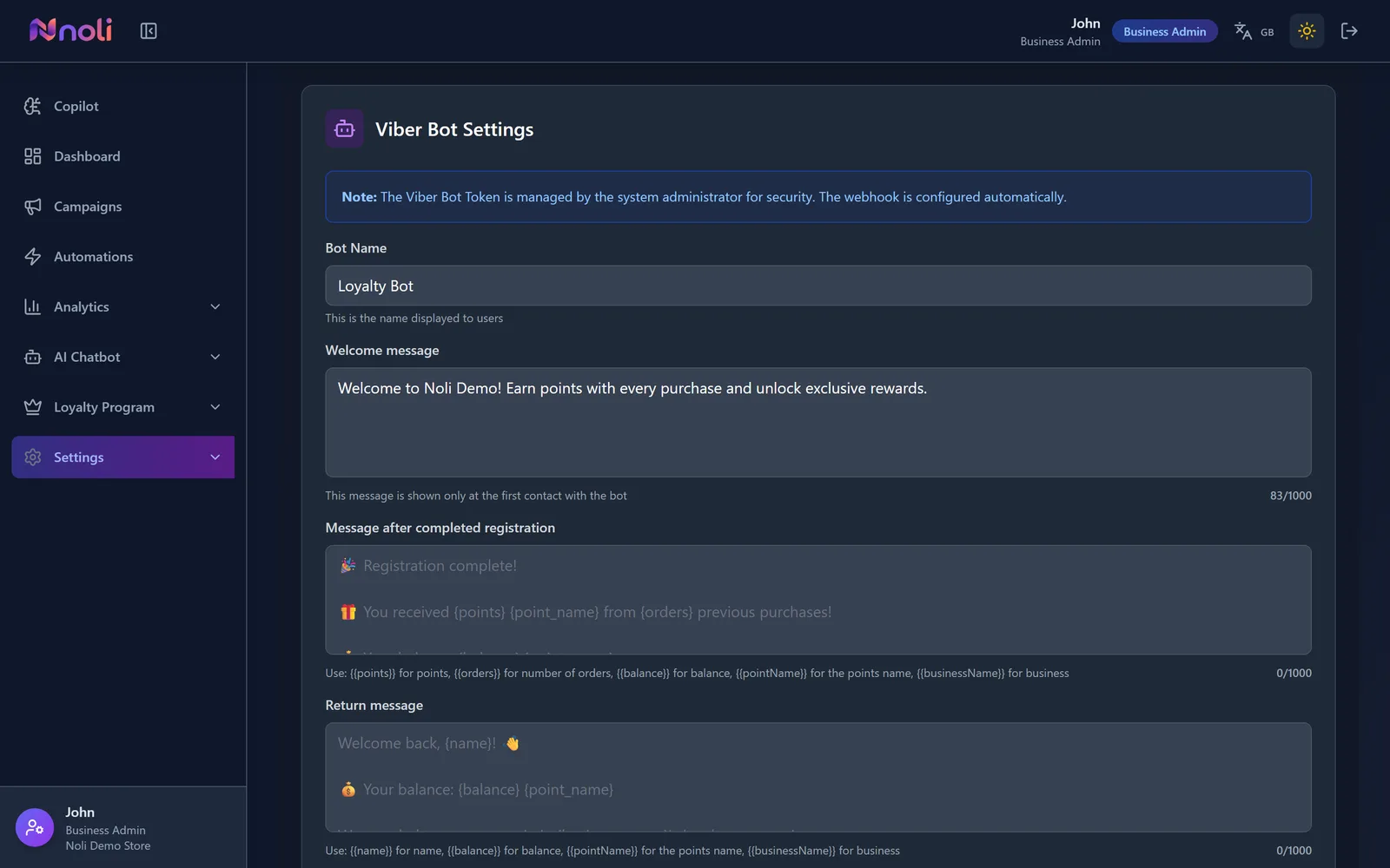 Viber bot settings in the Noli admin with messages and button colours