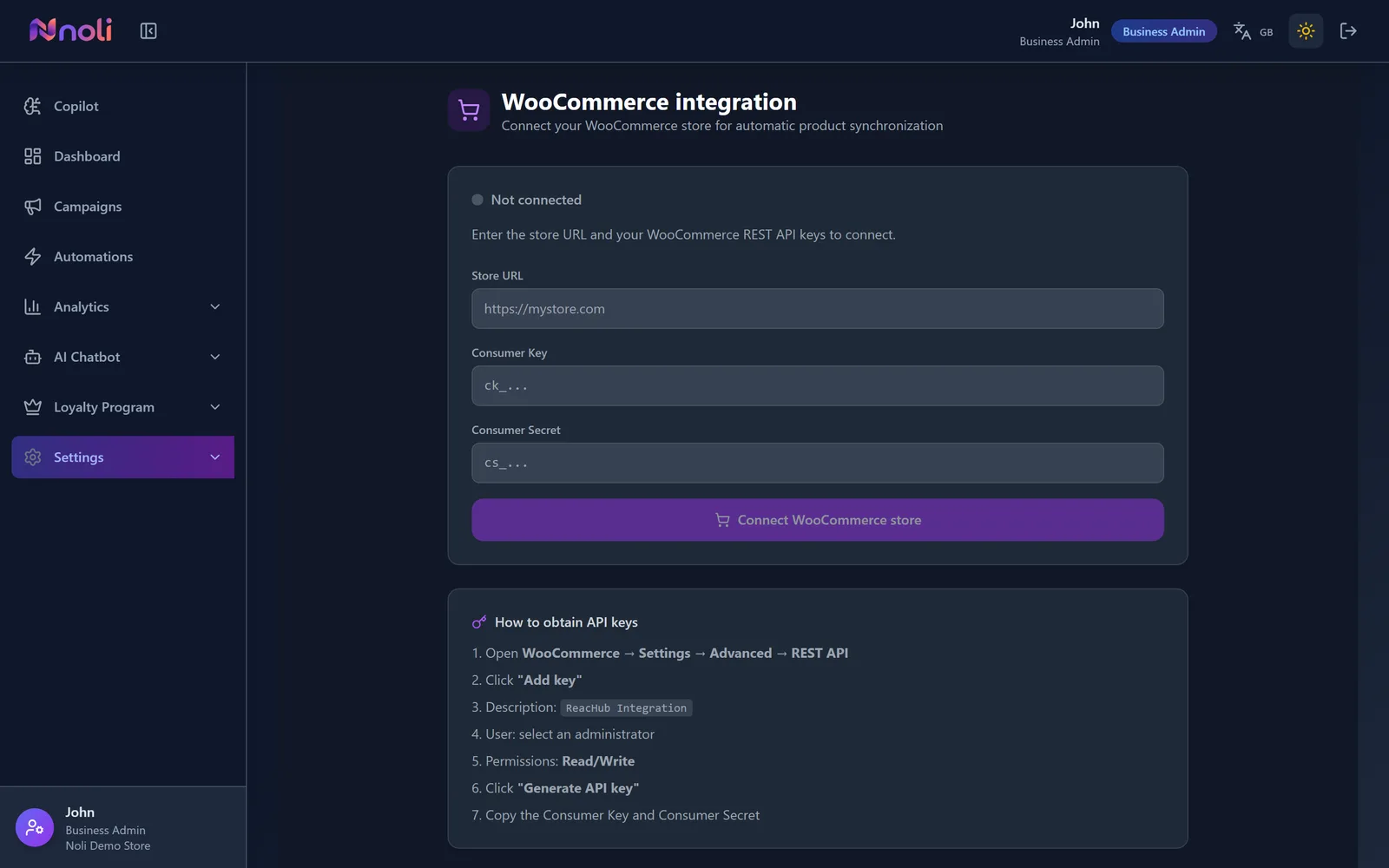 The WooCommerce integration screen in the Noli admin, with store URL and REST API key fields